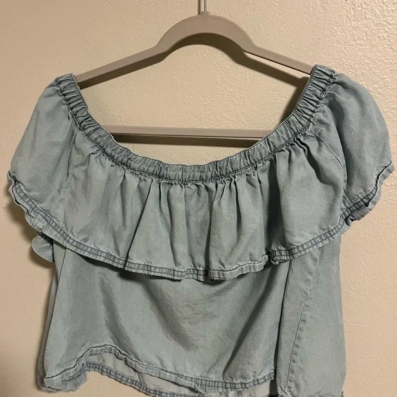 Free People Pale Blue Off-the-Shoulder Ruffle Crop Top - Picture 5 of 5